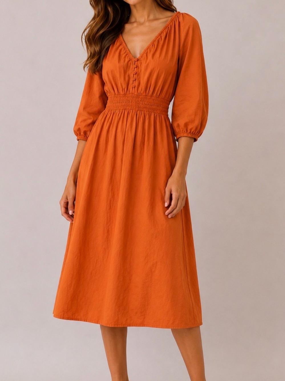 J. Crew Burnt Orange V-Neck Smocked-Waist Midi Dress